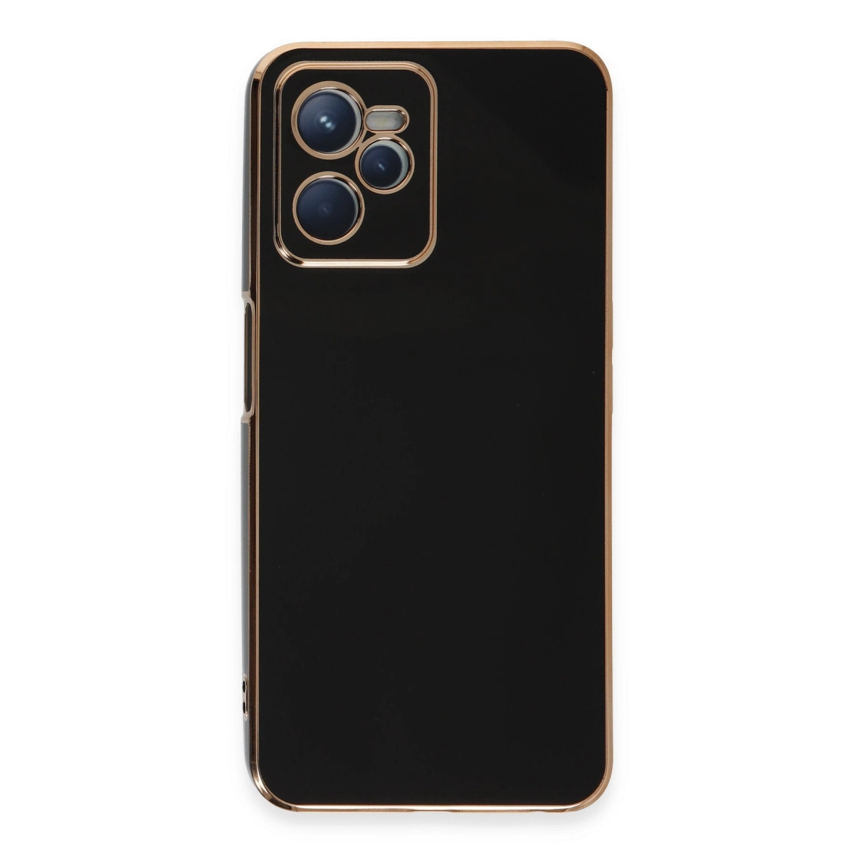 Altın kenarlı, üç kamera lensli siyah telefon kılıfı.