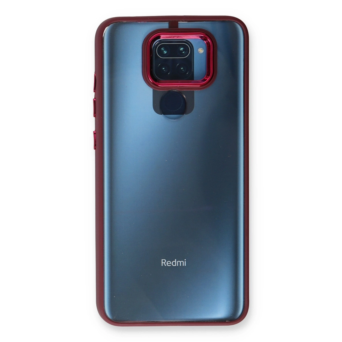 Mavi arka plan üzerinde kare kamera modülü ve Redmi logosu bulunan kırmızı telefon kılıfı.