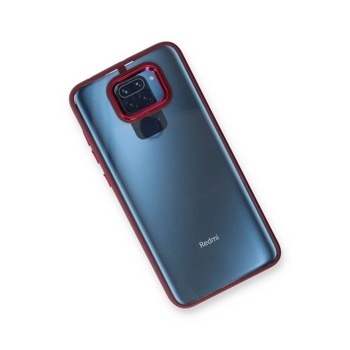Dört kameralı, kırmızı çerçeveli mavi Redmi telefonun arkası.
