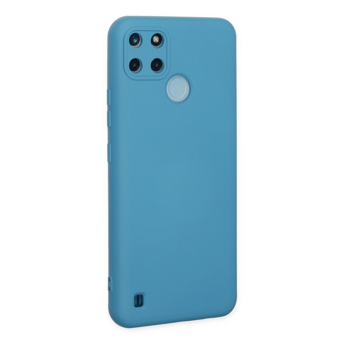 Dört kamera lensli ve parmak izi sensörlü mavi telefon kılıfı.
