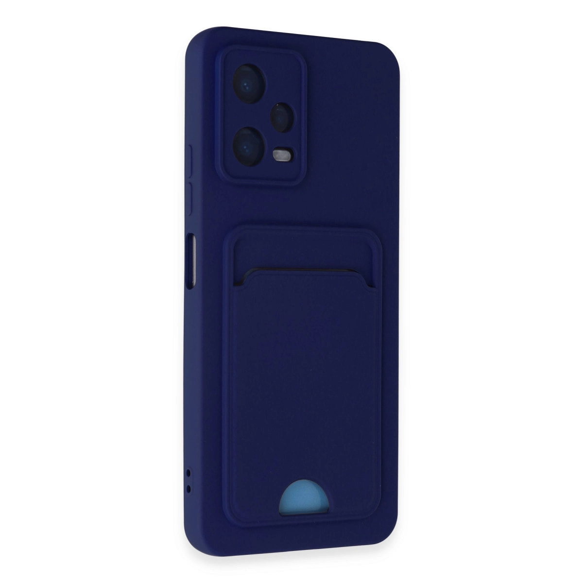 Koyu mavi telefon kılıfı, kartlık ve kamera kesiği bulunur.