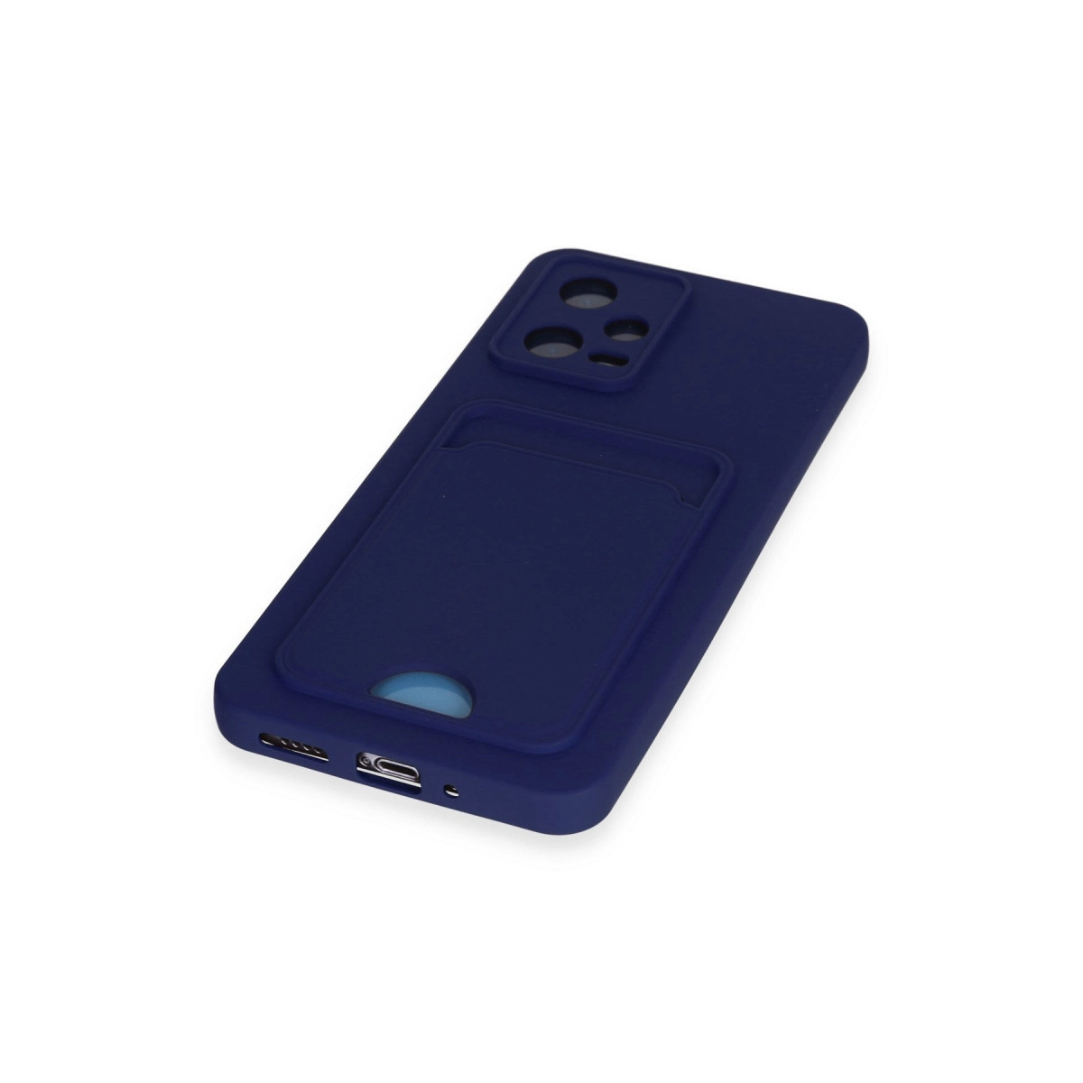 Koyu mavi telefon kılıfı, kart yuvası ve kamera açıklığı beyaz arka plan.