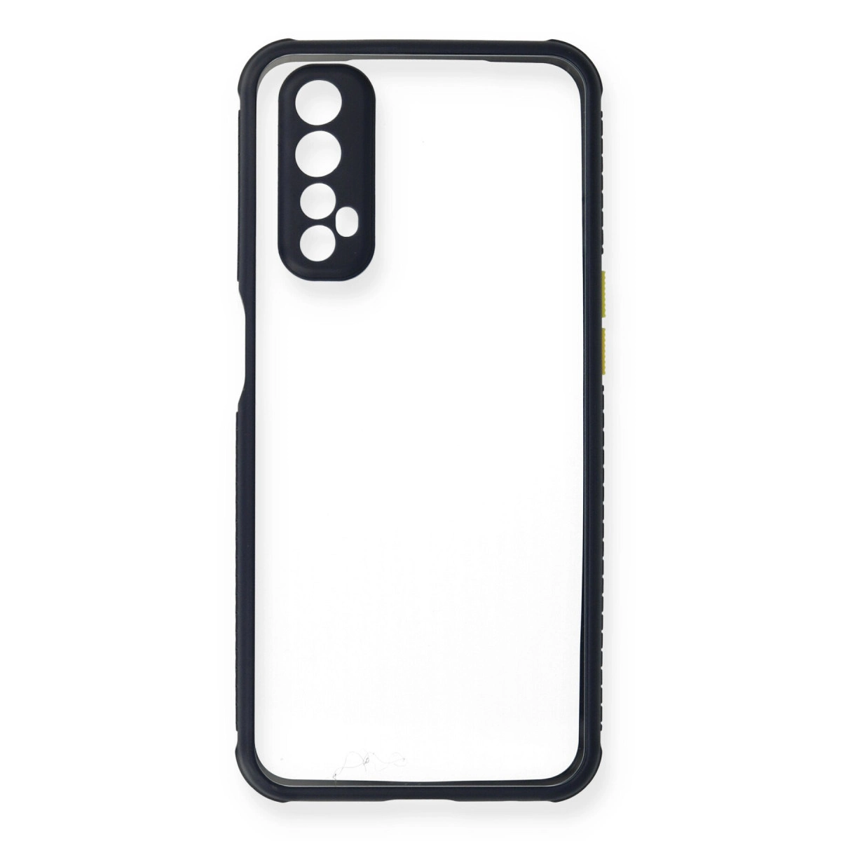 Şeffaf arkalı ve kamera kesimli siyah telefon kılıfı.