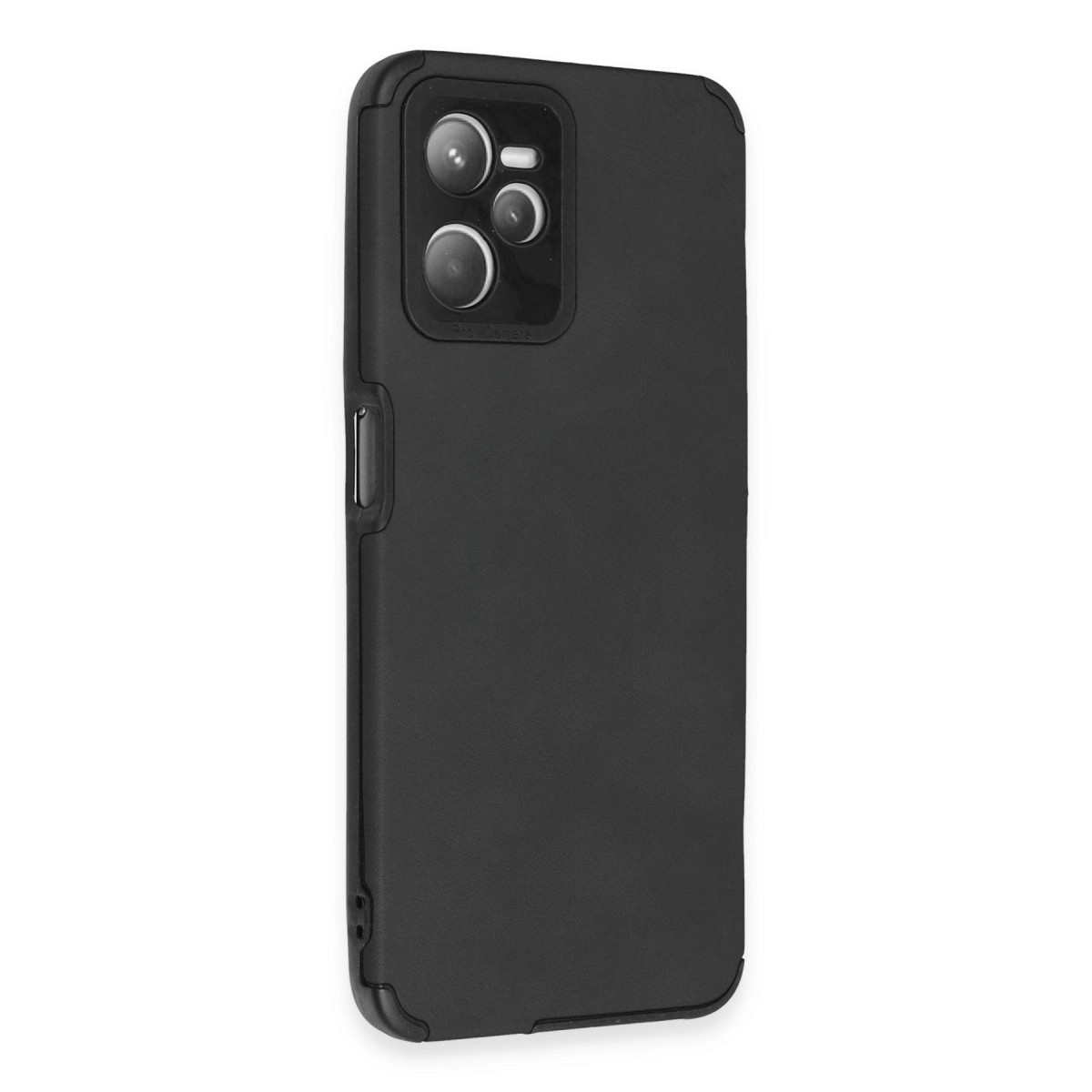 Arkada üç kamera lensi ve flaşı olan siyah telefon kılıfı.