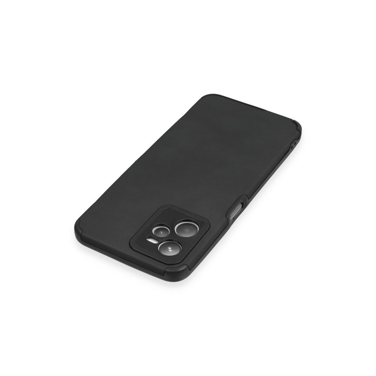 Beyaz arka plan üzerinde üç kamera lensli siyah telefon kılıfı.