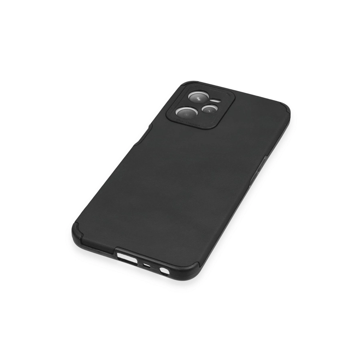 Üçlü kamera kesimli siyah telefon kılıfı, beyaz arka plan üzerinde.
