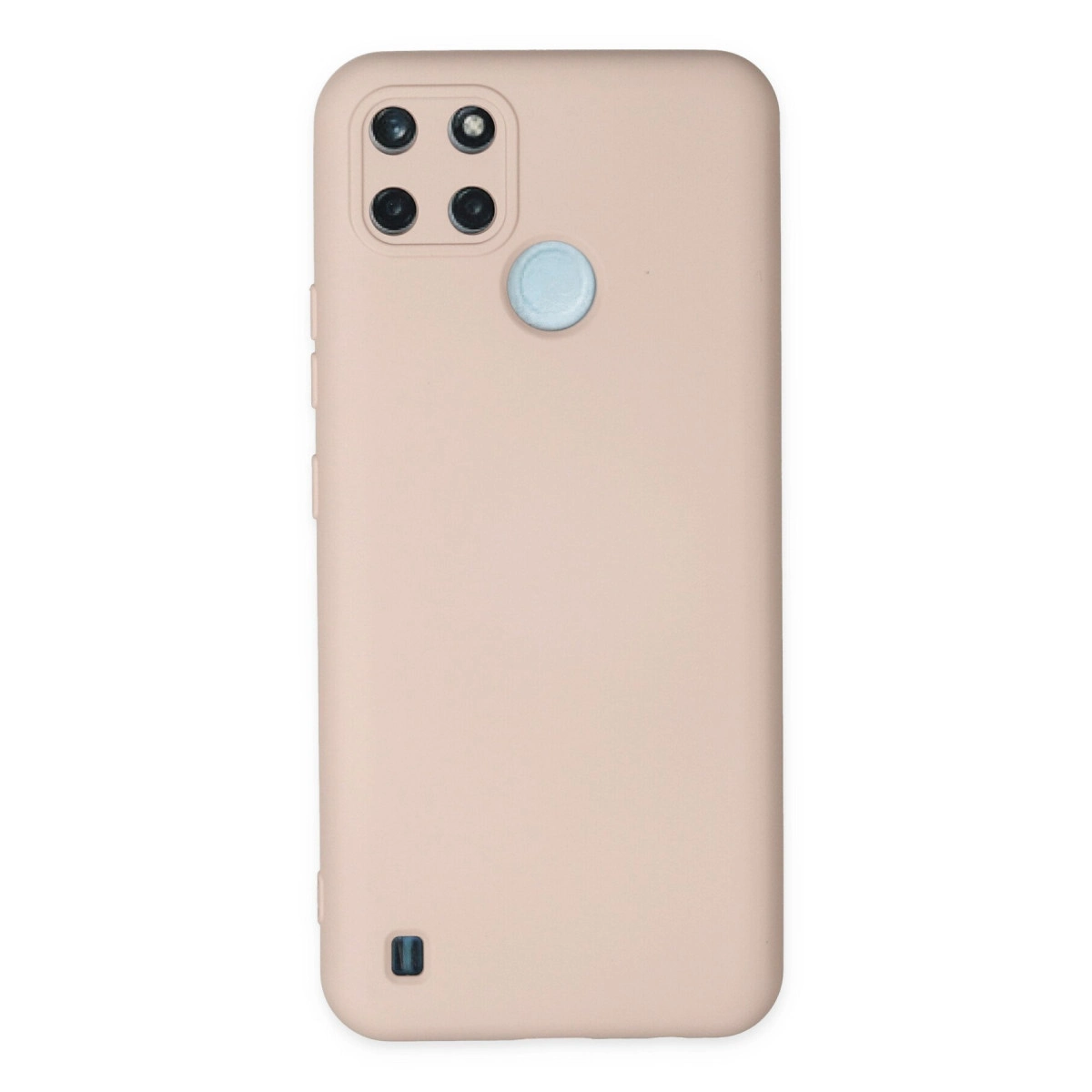 Dört kameralı ve mavi düğmeli pembe telefon kılıfı.