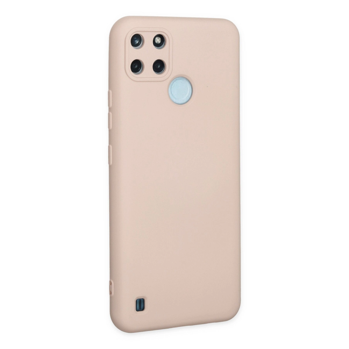 Dört kameralı ve mavi düğmeli soluk pembe telefon kılıfı.