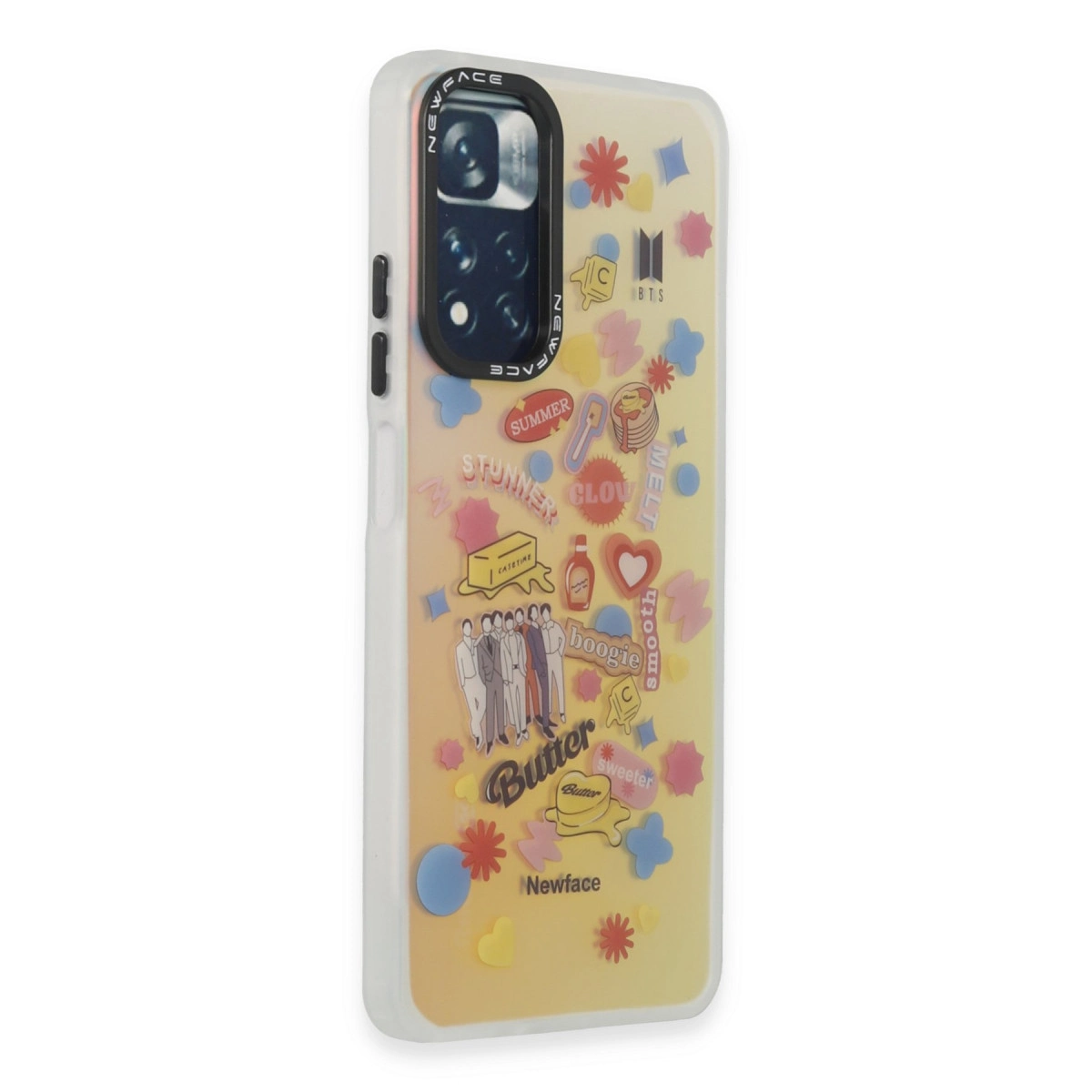 Sarı geçişli ve BTS motifli şeffaf telefon kılıfı.