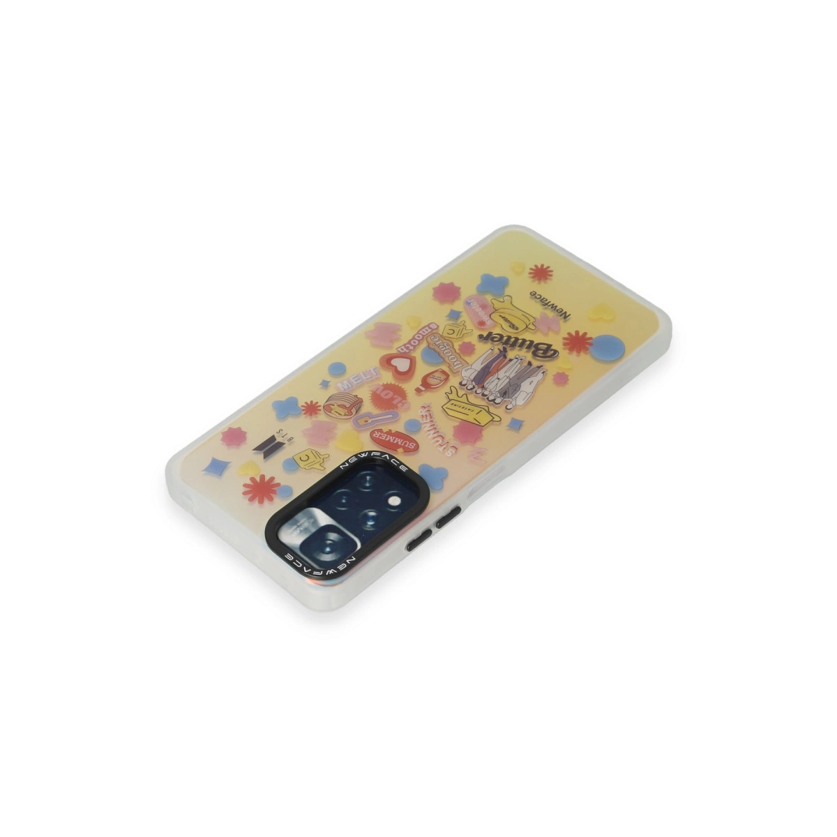 BTS Butter temalı, çıkartmalı ve yıldızlı sarı telefon kılıfı.