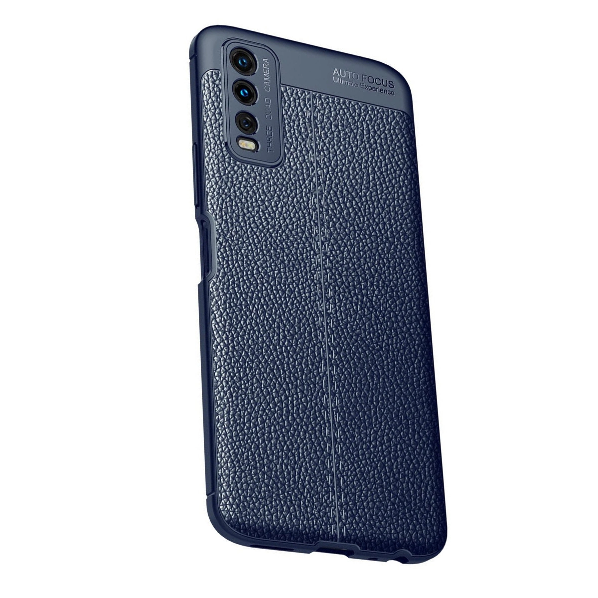 Üç kameralı, deri dokulu lacivert telefon kılıfı.