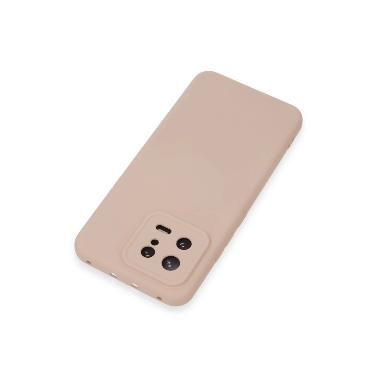 Beyaz arka plan üzerinde kamera modüllü bej telefon kılıfı.