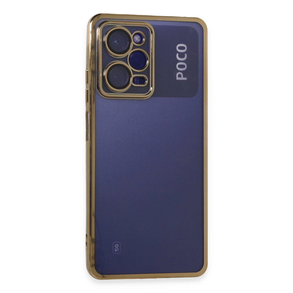 Altın çerçeveli, POCO logolu lacivert telefon. Kamera modülü sol üstte.