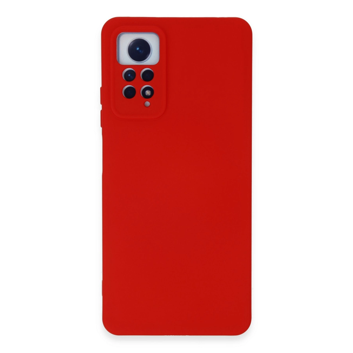 Tek büyük sensör ve dört küçük lens gösteren dikdörtgen kamera modülüne sahip kırmızı telefon kılıfı.