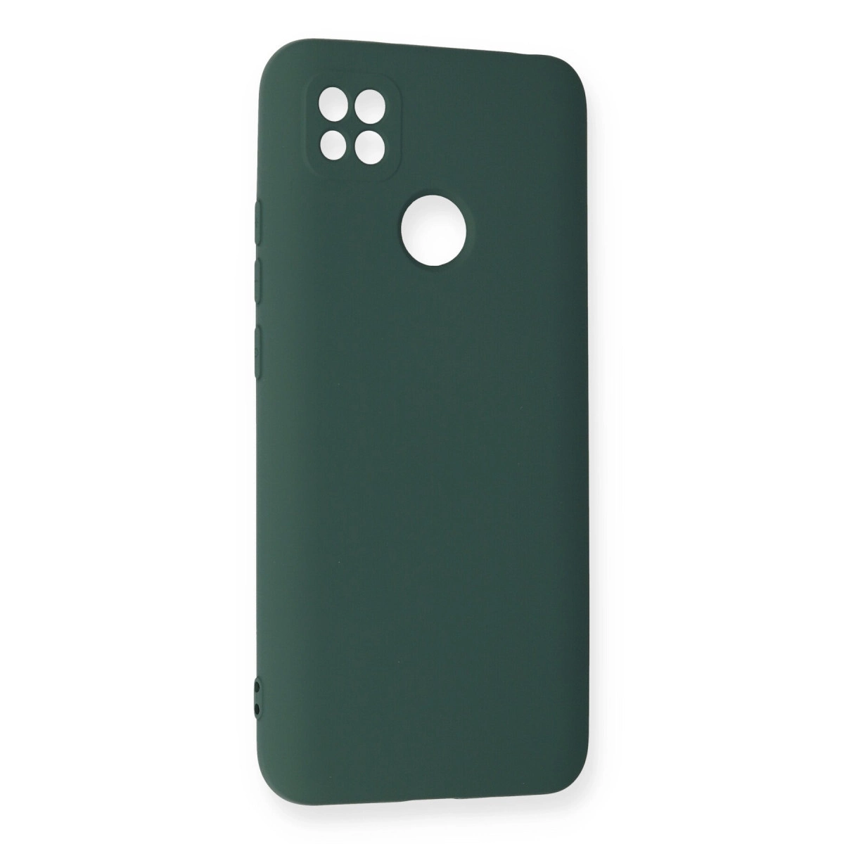 Kamera oyuntulu ve dairesel delikli koyu yeşil telefon kılıfı.