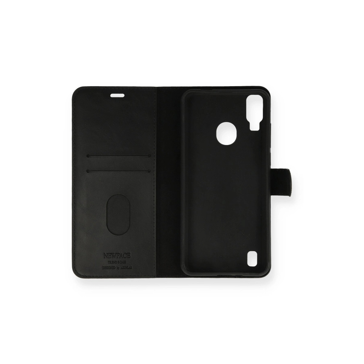 Kart yuvaları ve telefon tutacağı olan siyah telefon kılıfı.