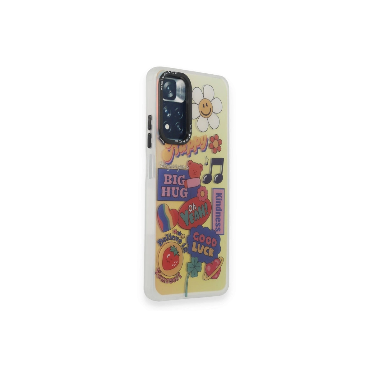 Çiçek, ayı, kalp, çilek, müzik notaları çıkartmalarıyla süslenmiş telefon kılıfı.