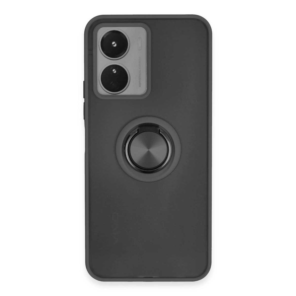 Sırtında çift kamera lensi ve halka tutucu bulunan siyah akıllı telefon.