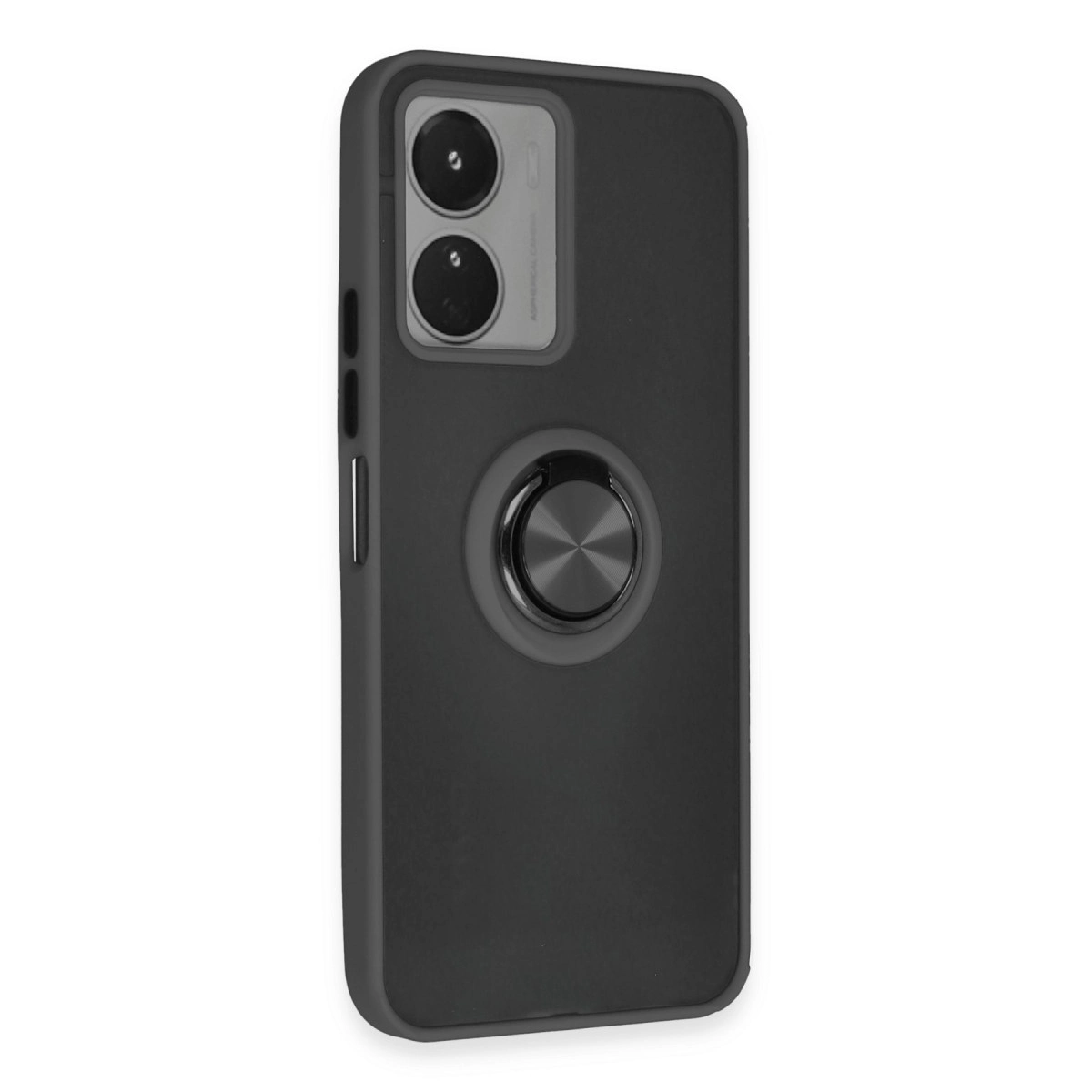 Halka tutuculu ve çift kamera kesimli siyah telefon kılıfı.