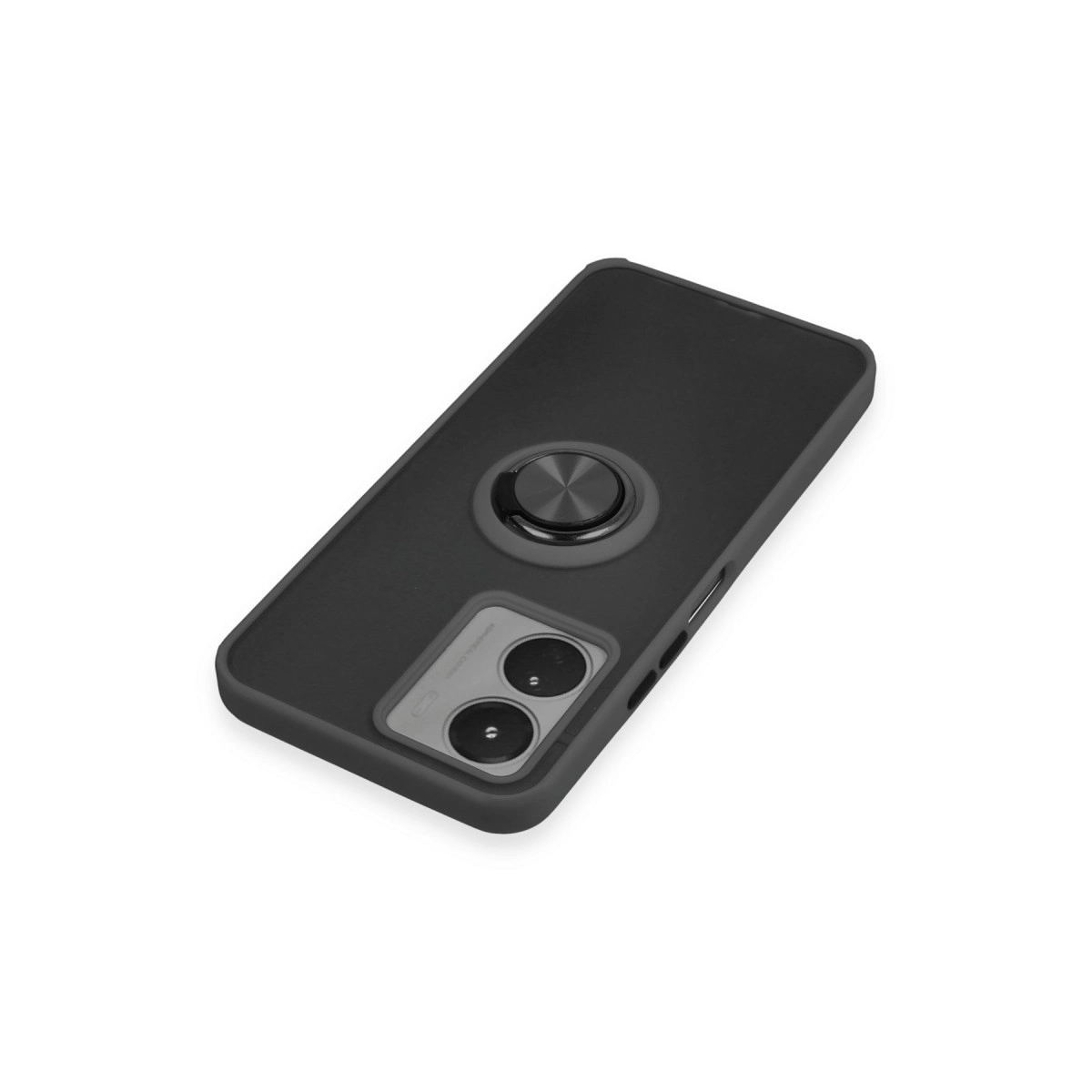 Halka tutuculu ve iki kamera lensli siyah telefon kılıfı.