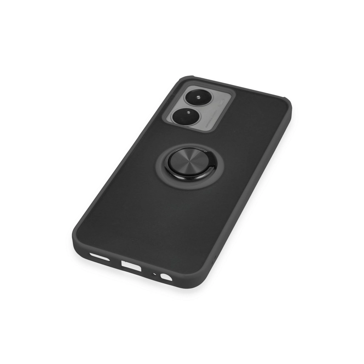 Siyah telefon kılıfı, halka tutucu ve çift kameralı, beyaz arka plan üzerinde.