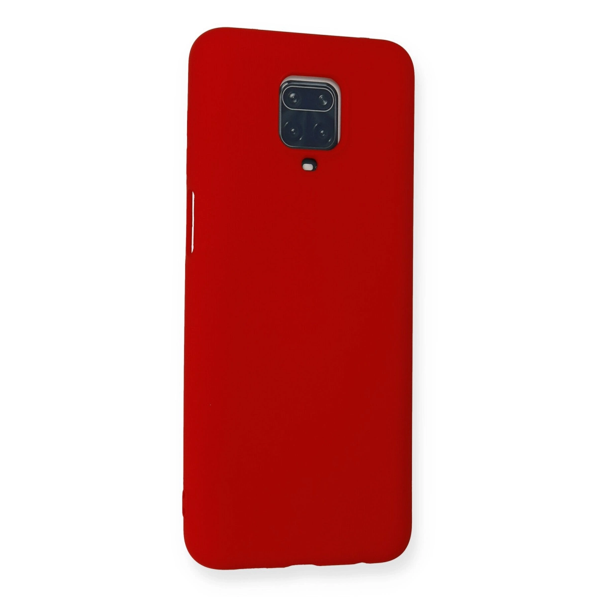 Arkada dikdörtgen kamera modülüne sahip kırmızı telefon kılıfı.