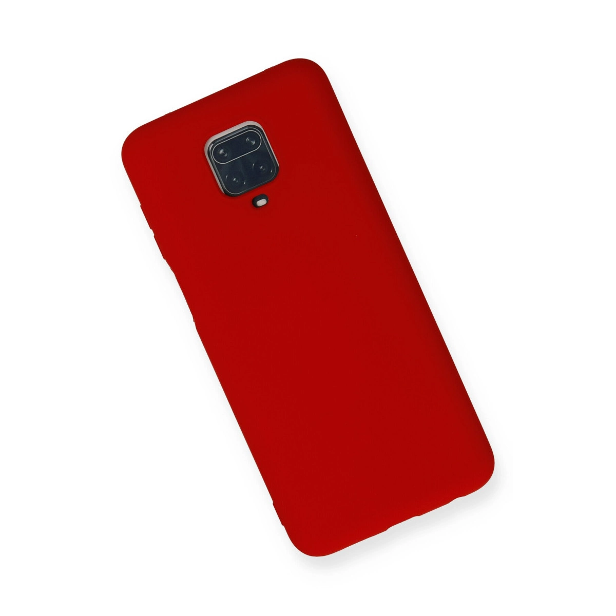 Kamera kesimli kırmızı telefon kılıfı, beyaz zeminde.