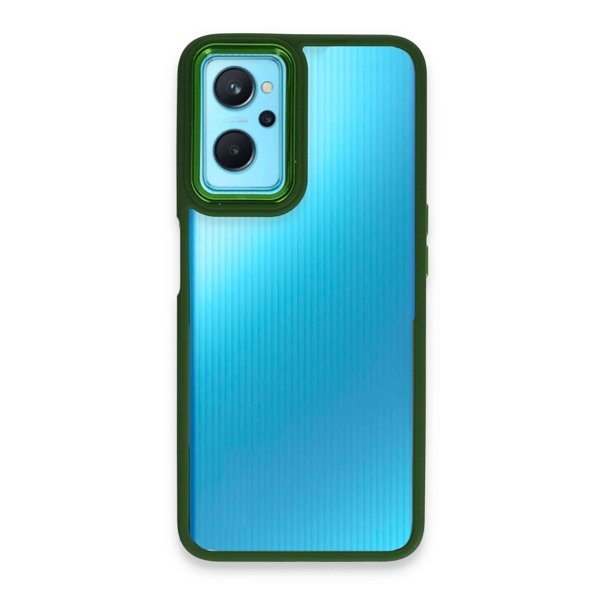 Yeşil kılıflı mavi telefon ve arka kamera.