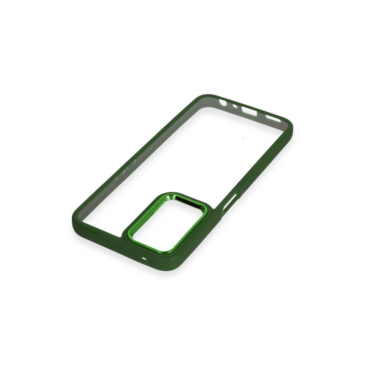 Gümüş kenarlı ve kamera kesimli koyu yeşil telefon kılıfı.