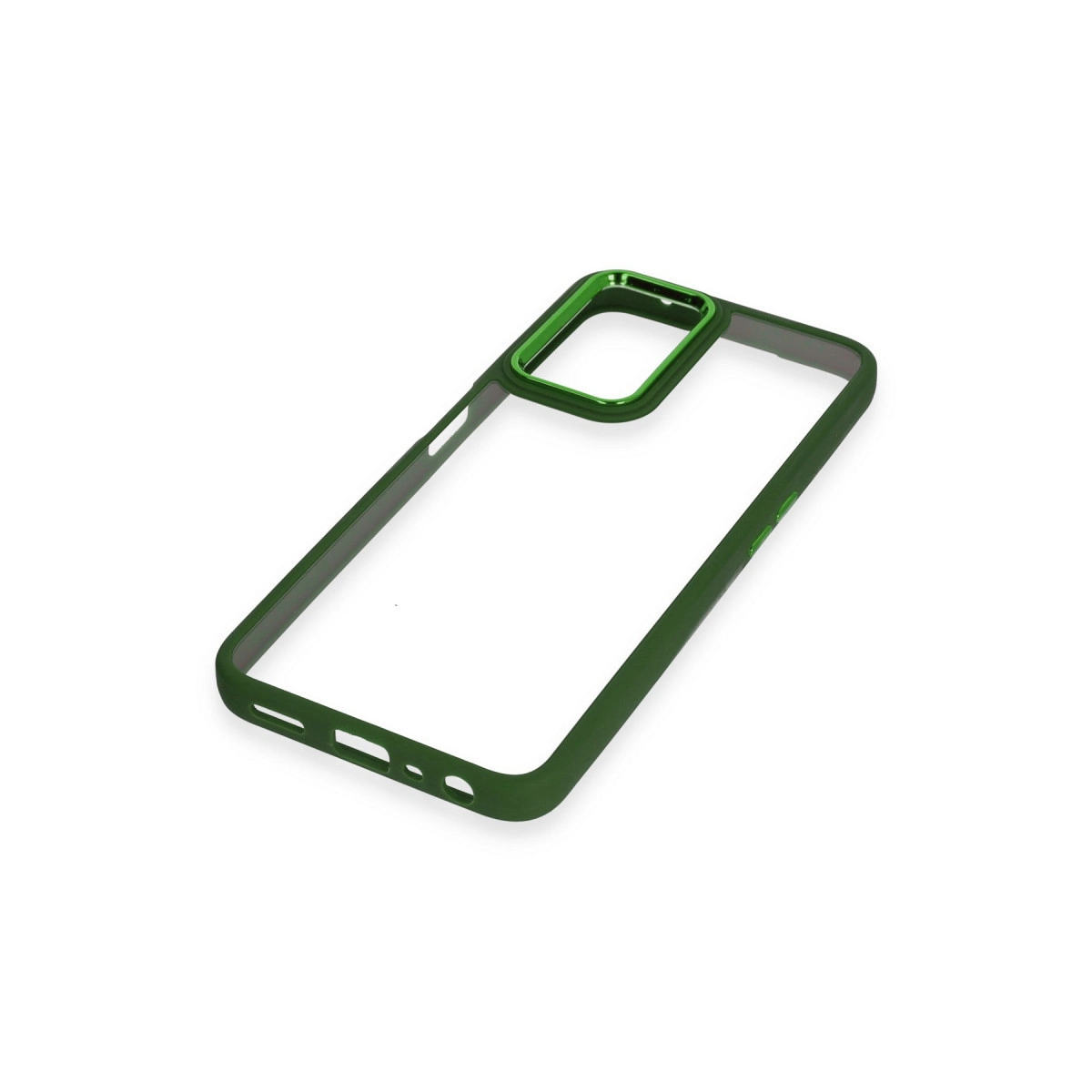 Şeffaf arka ve kamera kesimli yeşil telefon kılıfı.