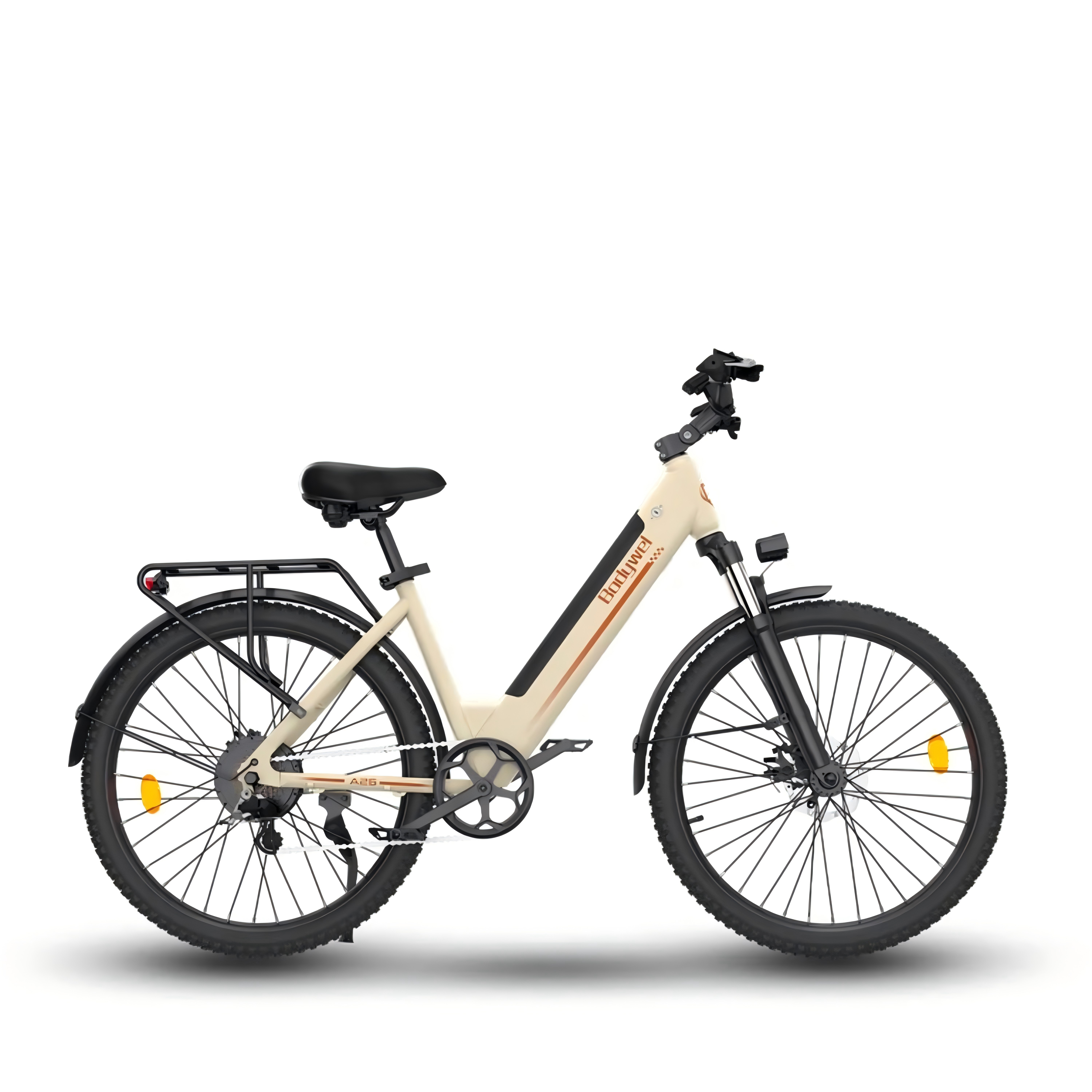 Beżowy e-rower z czarnym siodełkiem, bagażnikiem i oponami.