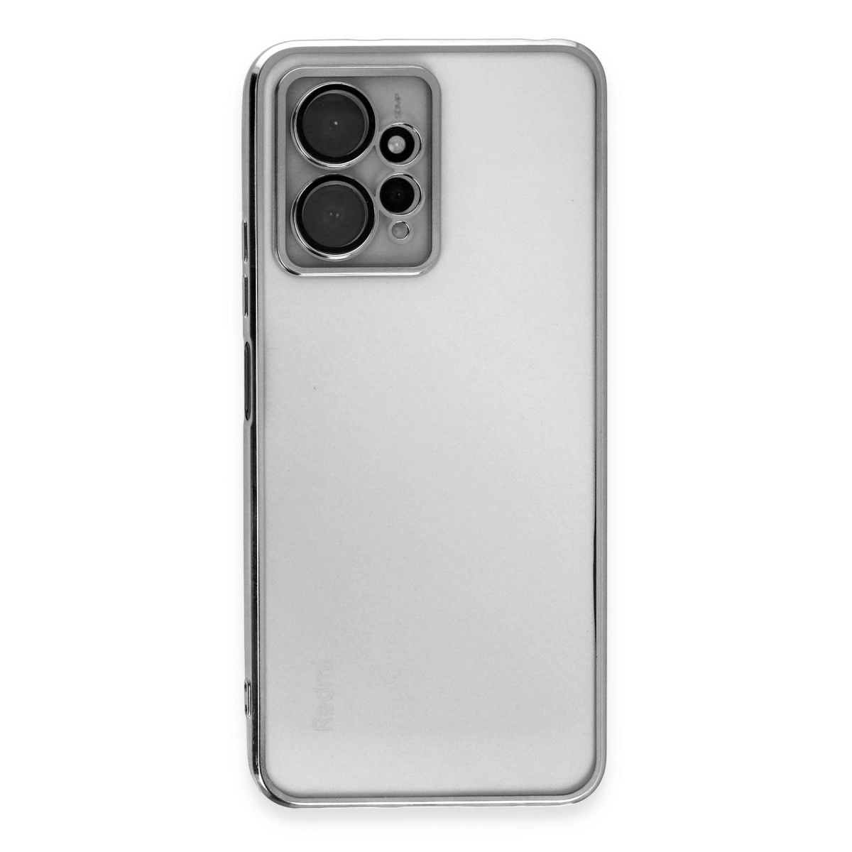 Kamera modülü ve "Redmi" logosu bulunan gümüş rengi akıllı telefonun arkası.