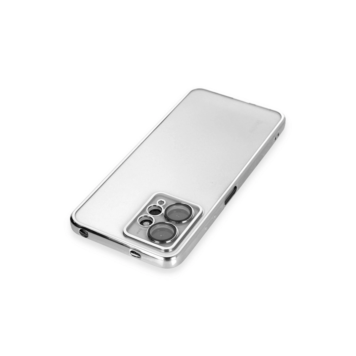 Beyaz arka plan üzerinde kamera modüllü gümüş telefon kılıfı.