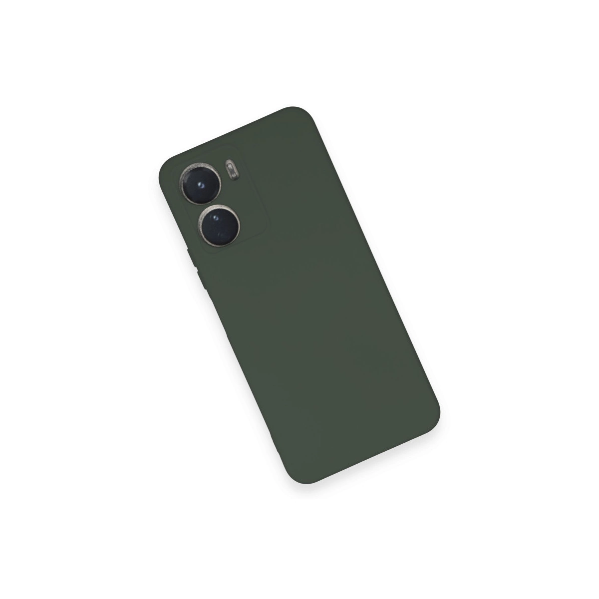 Beyaz arka plan üzerinde iki kamera lensi ve flaşlı koyu yeşil telefon kılıfı.