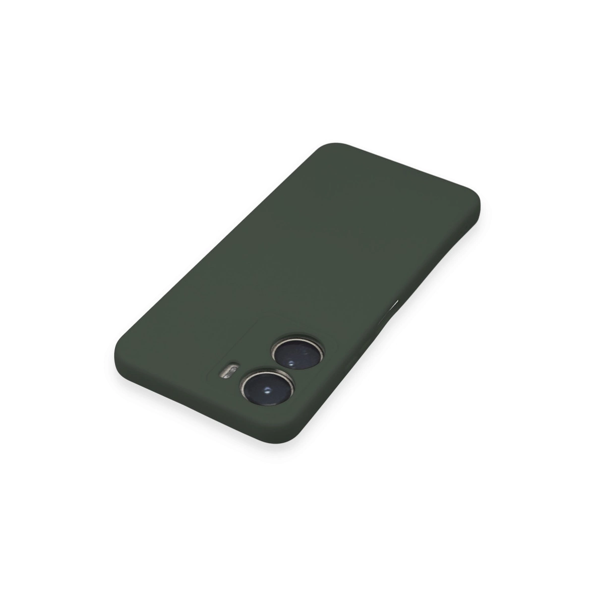 İki kamera lensi ve flaşlı koyu yeşil telefon kılıfı.