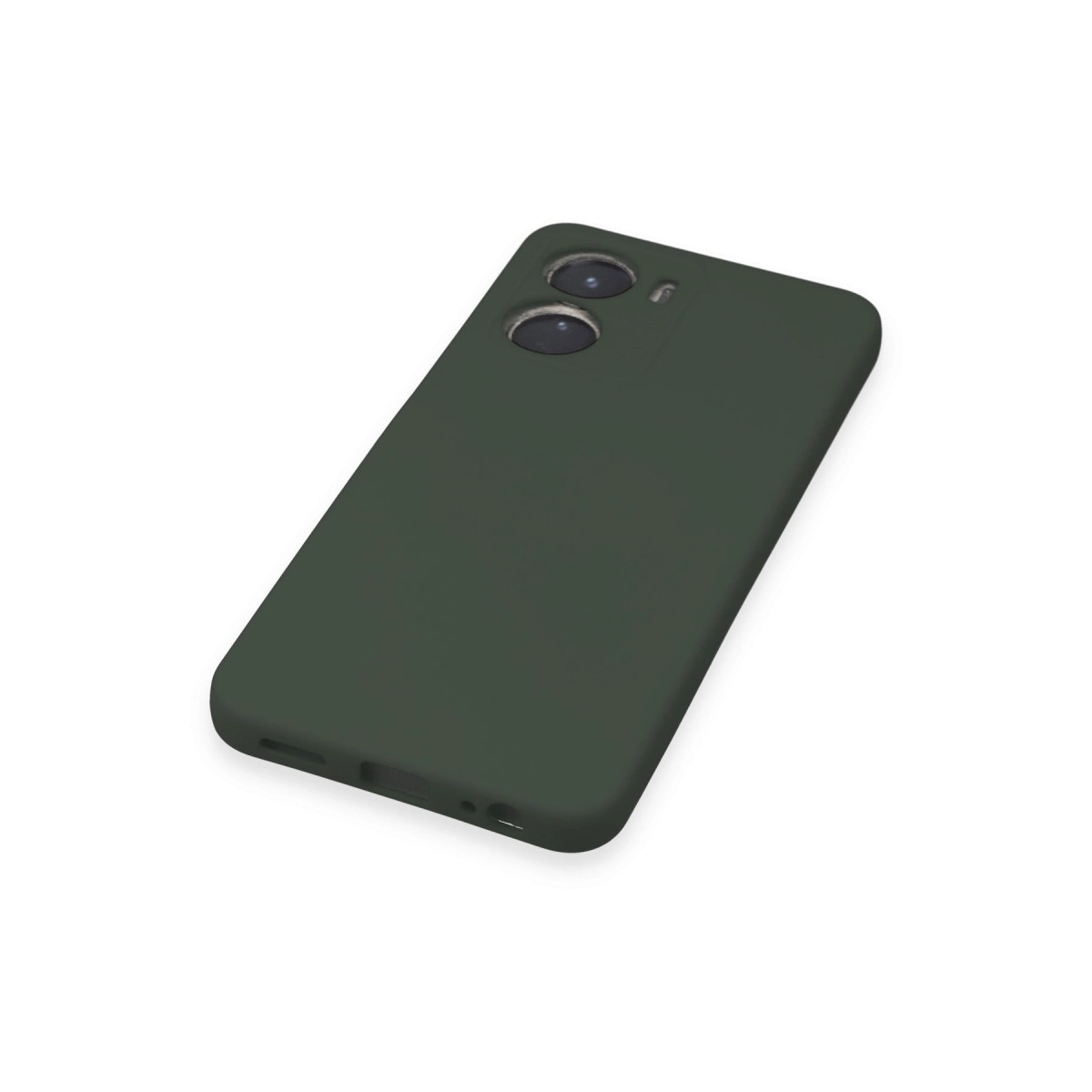 Arkada iki kamera lensi ve flaşı olan koyu yeşil akıllı telefon.