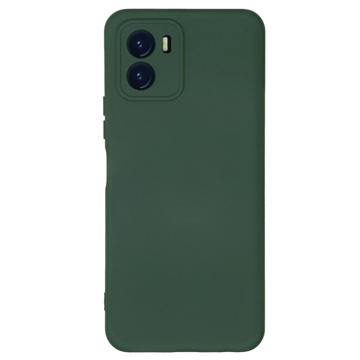 İki kameralı ve flaşlı koyu yeşil telefon kılıfı.