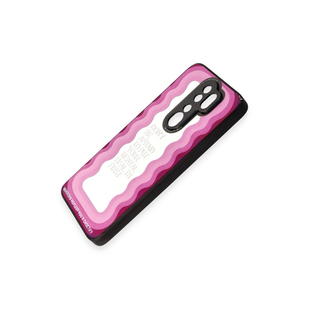 Pembe dalgalı telefon kılıfı, üzerinde şu yazı var: 'RUH SAĞLIĞINIZI ÖNCELEMEYE KORKMAYIN'.