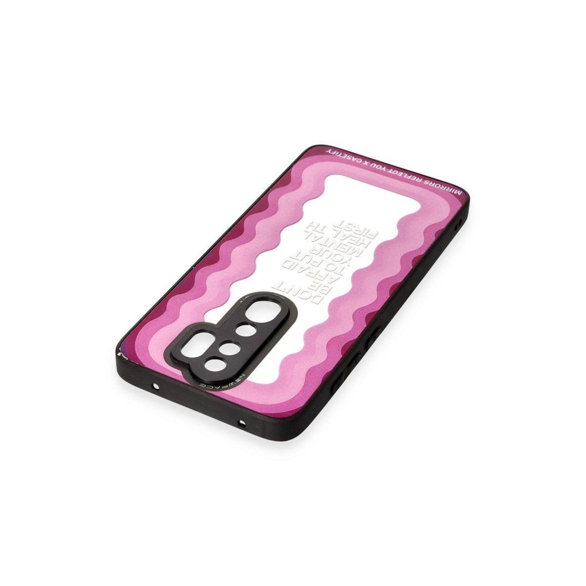 Dalgalı desenli pembe telefon kılıfı ve 'Ruh sağlığınızı öncelemeye korkmayın' yazısı.