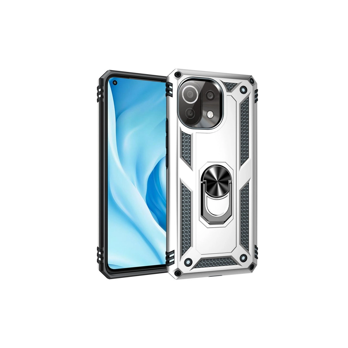 Halka standlı beyaz, sağlam telefon kılıfı, mavi ekranlı bir akıllı telefonun yanında.