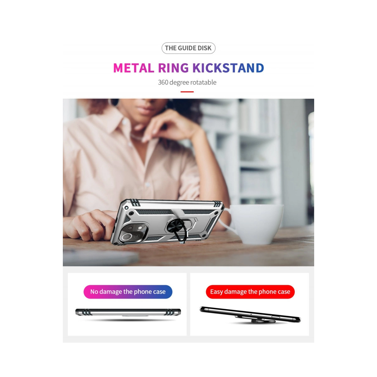 Metal halka ayaklı gümüş telefon masada duruyor.