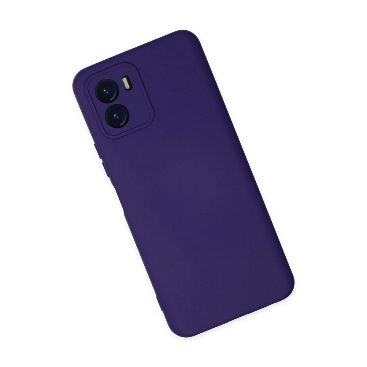 Beyaz arka plan üzerinde çift kamera ve flaşlı koyu mor telefon kılıfı.