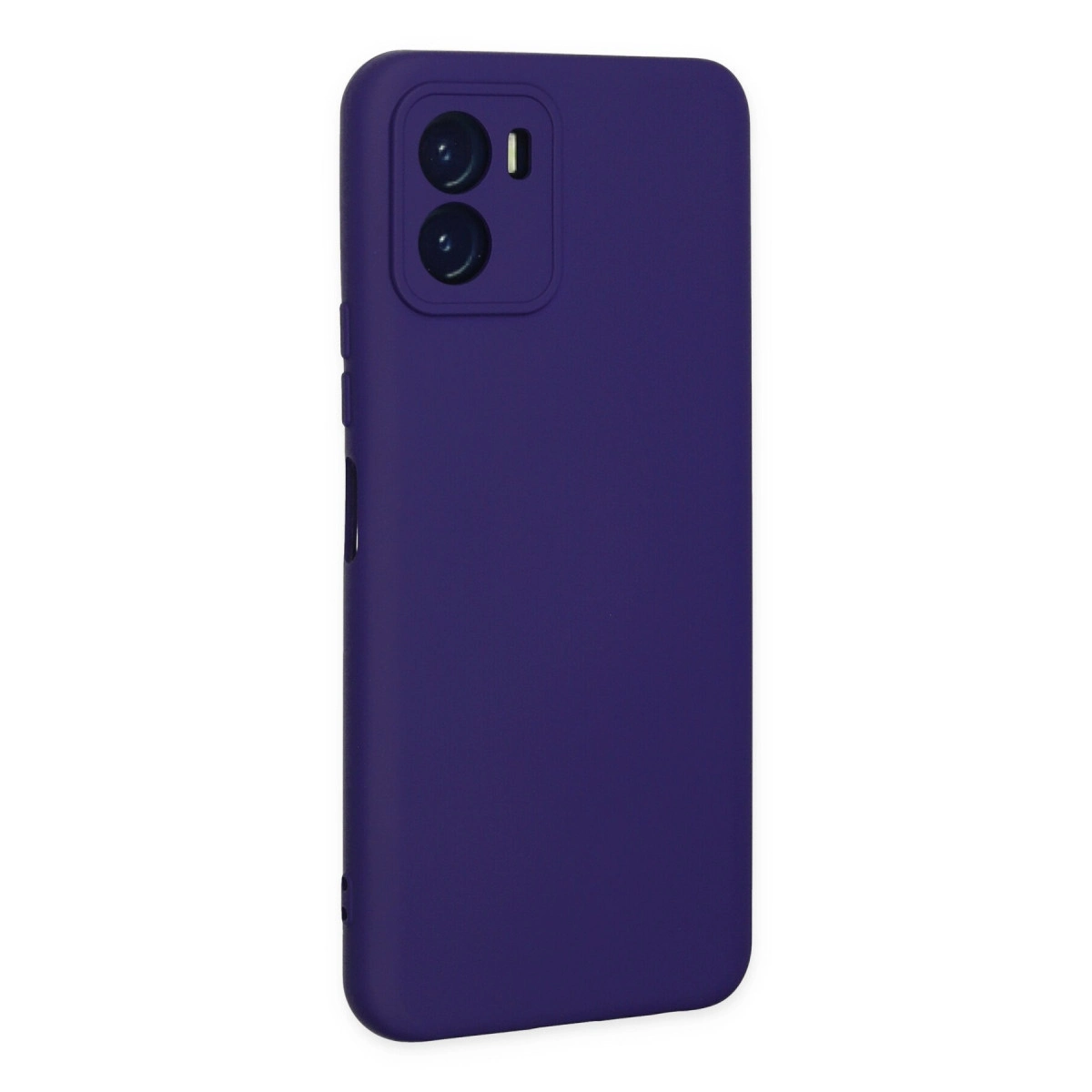 Arkada çift kamera kesimli koyu mor telefon kılıfı.