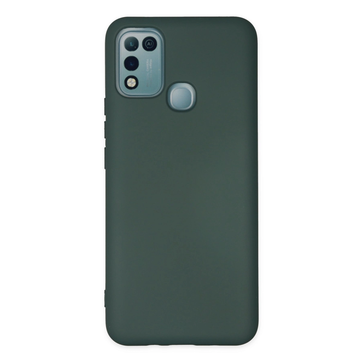 Kamera modülü ve parmak izi sensörlü koyu yeşil telefon kılıfı.