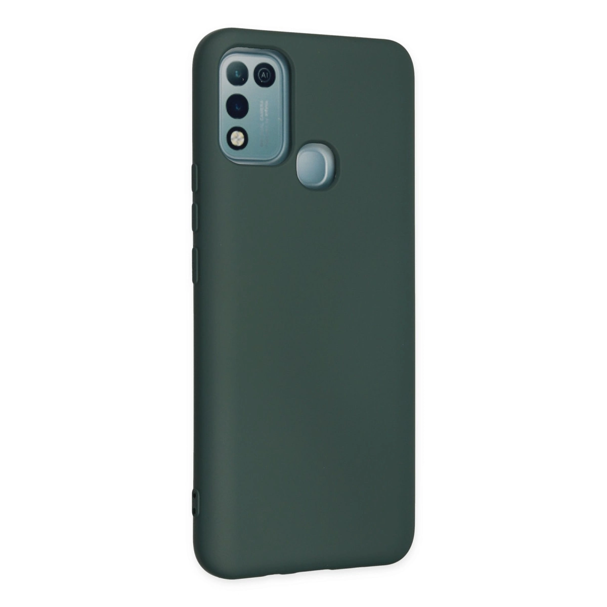 Koyu yeşil telefon kılıfı, dikdörtgen kamera ünitesi ve parmak izi sensörü.