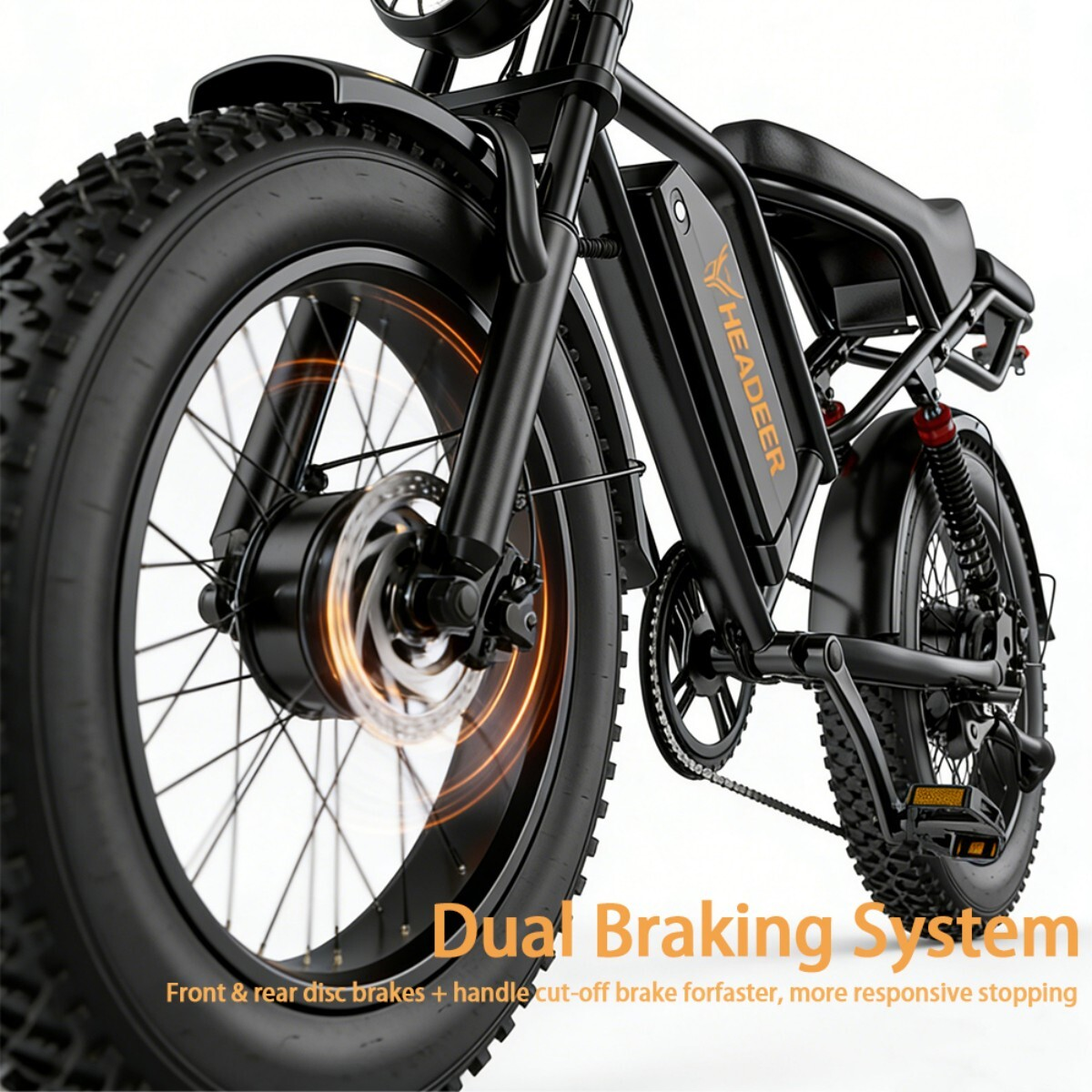 Czarny rower elektryczny z grubymi oponami i hamulcami tarczowymi. "Dual Braking System".