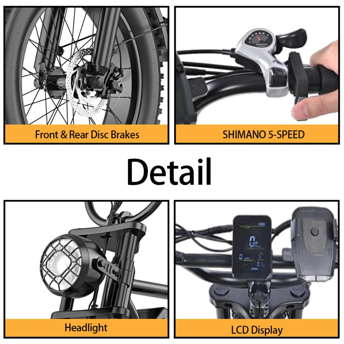Szczegóły roweru: hamulce tarczowe, manetka, reflektor, wyświetlacz LCD.