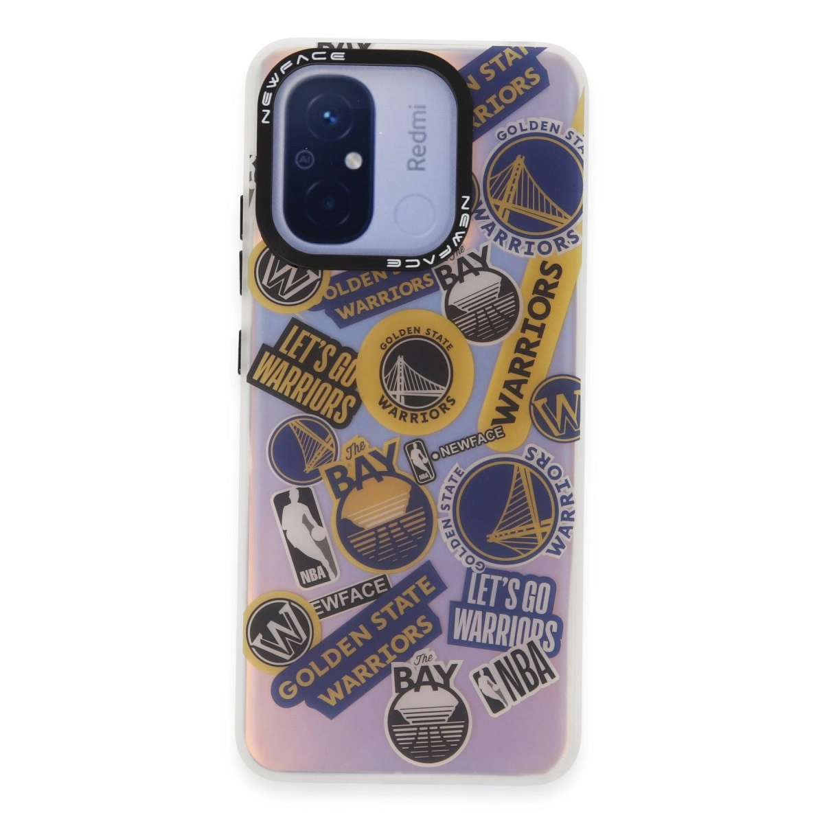 Golden State Warriors çıkartmalı telefon kılıfı. Lila arka plan.