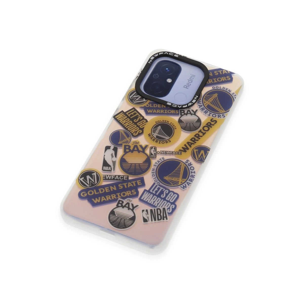 Golden State Warriors çıkartmaları, kamera kesimi ve Redmi logosu olan telefon kılıfı.