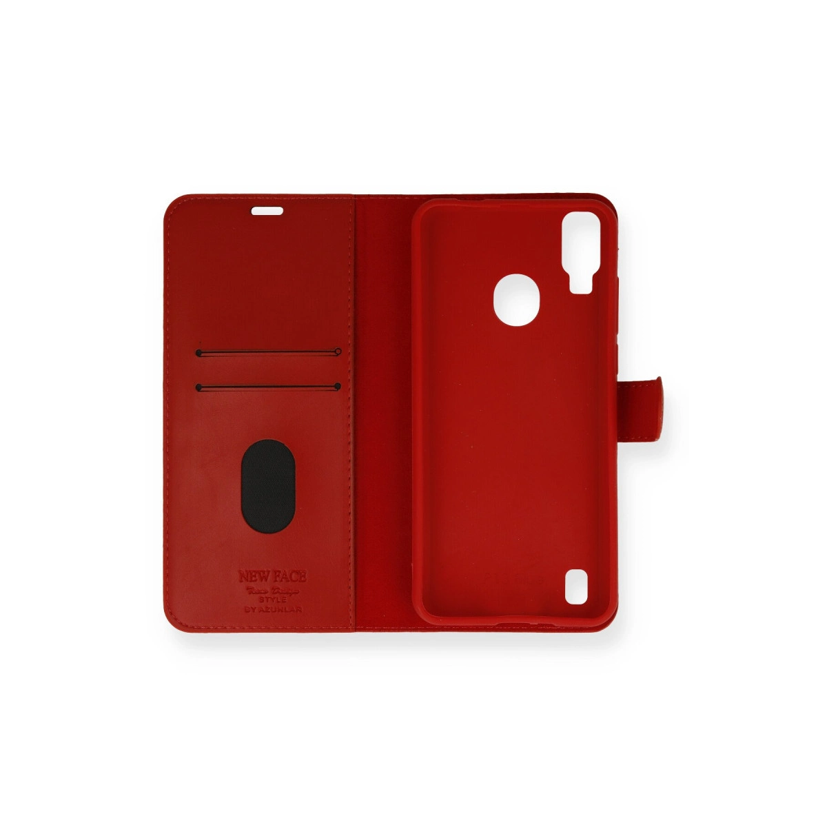 Kart yuvalı ve telefon bölmeli kırmızı kapaklı telefon kılıfı.